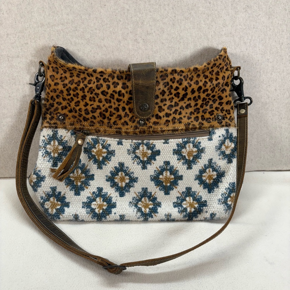 Myra Bag Bounce Back Shoulder Bag Aztec Cheetah Leopard Print Brown Blue